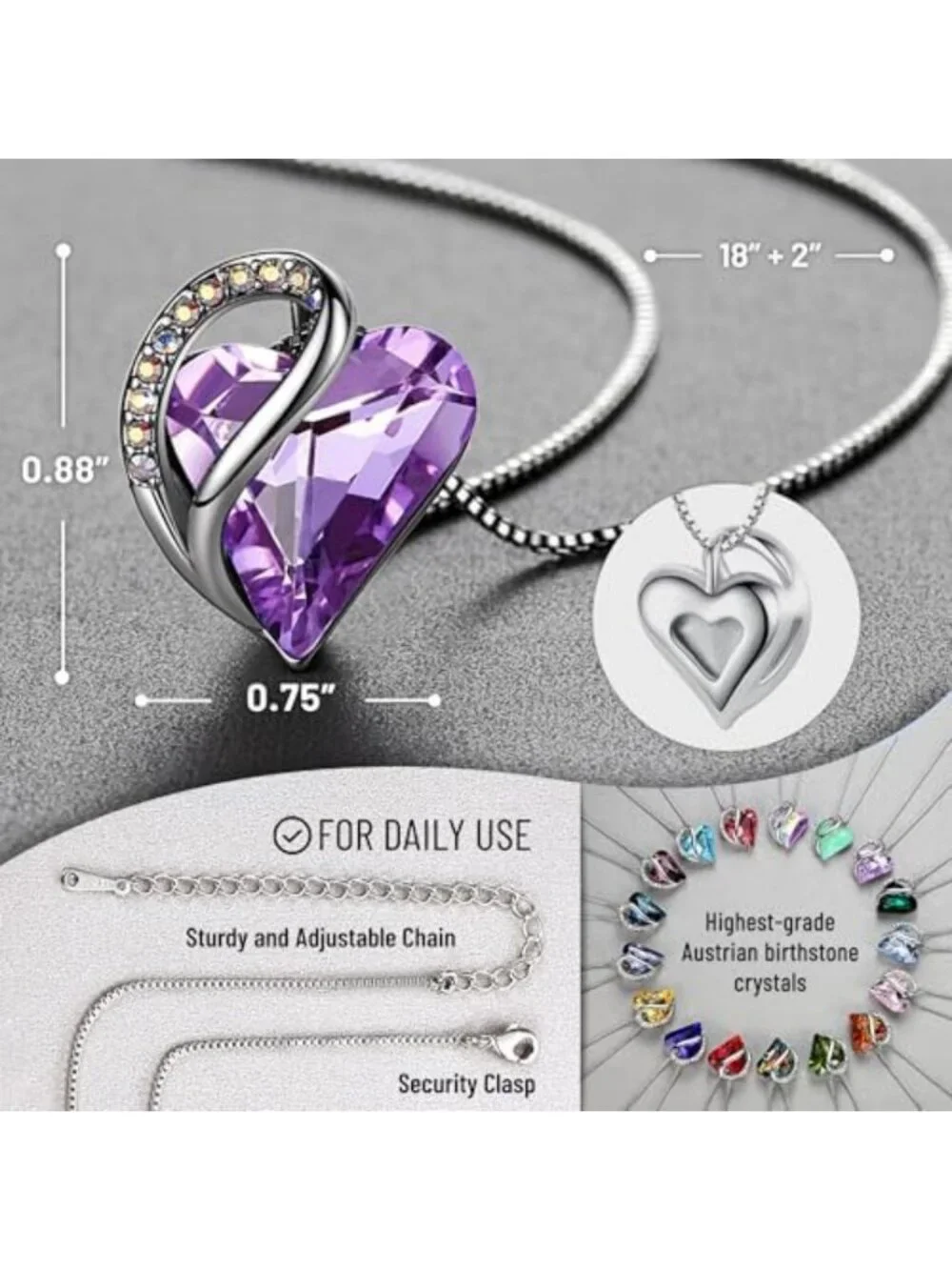 Infinity Love Birthstone Heart Crystal Pendant Necklace - Adjustable 18